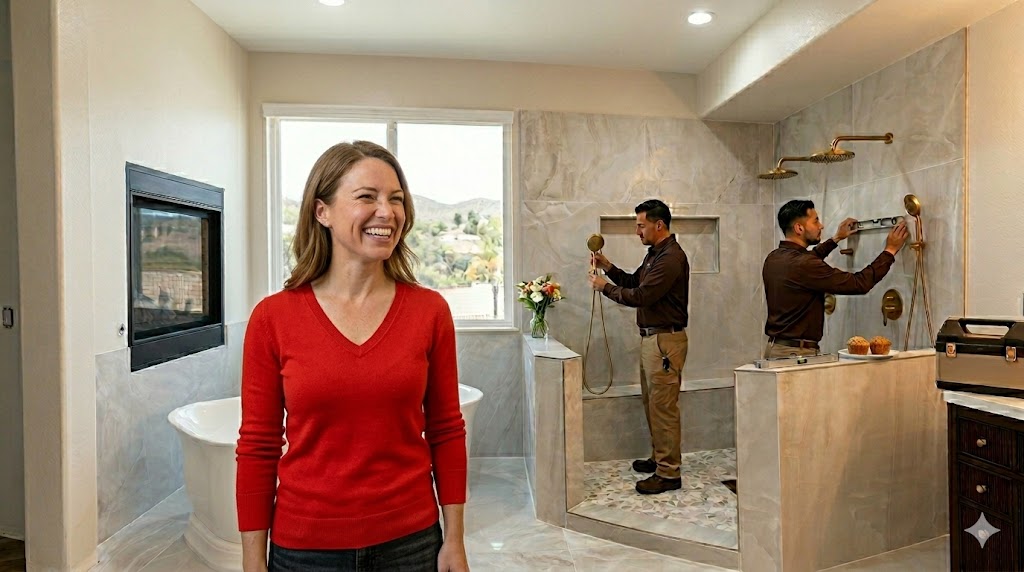 A happy traditional American woman in a red V-neck sweater stands in her newly renovated Riverside bathroom. In the background, two professional workers from Superb Renovation, Inc. in branded brown uniforms are installing gold shower fixtures. The bathroom features high-end marble tiling, a freestanding tub, and a fireplace.