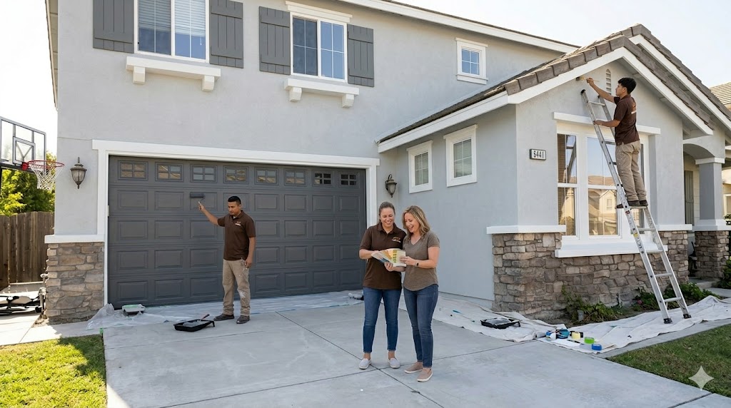Superb Renovation, Inc. painter applying beige stucco paint to a residential patio pillar in Riverside, CA, with a branded company van in the background.