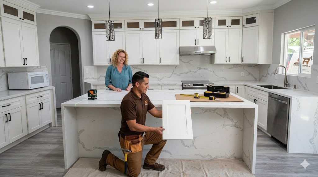 A Latino professional kitchen remodeling worker from Superb Renovation, Inc., in a brown branded polo and work pants, is kneeling and leveling a Shaker-style cabinet door. Beside him, a happy female client with curly blonde hair admires the new quartz counters and subway tile backsplash in their Riverside home at 12 PM. The correct company logo is visible on his shirt and on a service van outside. Tools (level, tape measure, pencil, a toolbox) are arranged on a drop cloth in the foreground.