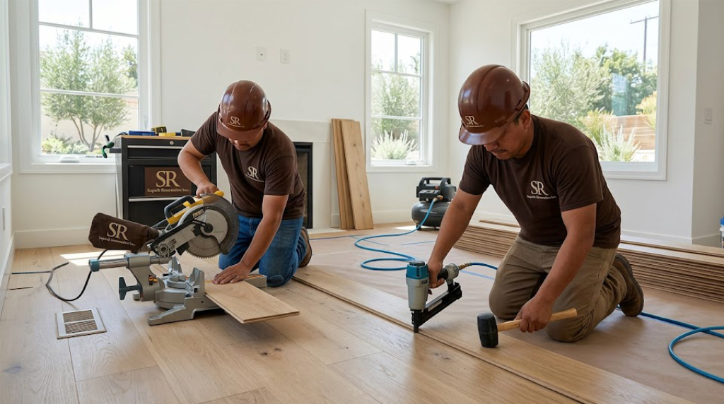 Flooring Installation Riverside – Superb Renovation Inc Superb Renovation Inc flooring installation Riverside - professional workers installing light oak hardwood with pneumatic nailer and miter saw in a living room.