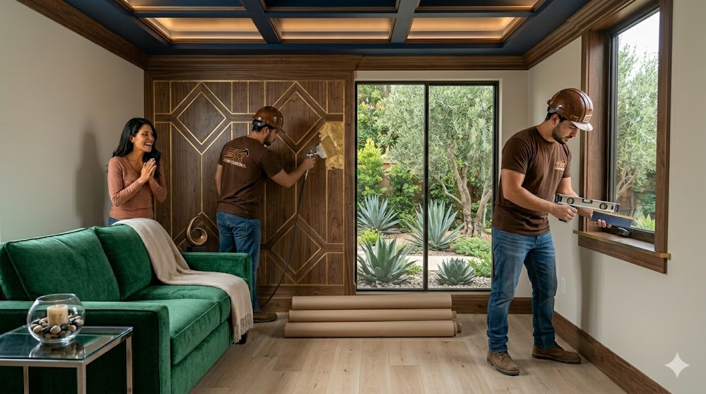 Happy homeowner amazed by a luxury living room renovation featuring a walnut coffered ceiling, gold-inlay wood paneling, and Superb Renovation Inc workers.